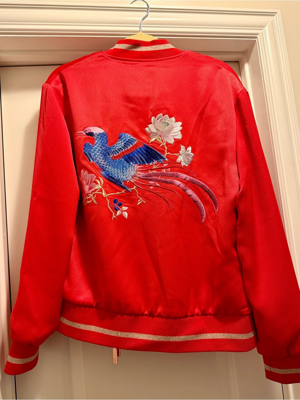 Ted Baker Red Satin Bomber Jacket with Blue Embroidered Bird